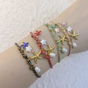 Bohemian colorful woven starfish and pearl charm bracelets in stainless steel set