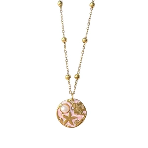 Gold stainless steel starfish necklace with pink enamel and pearl on white background
