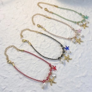 Starfish Artificial Pearl Pendant Braided Rope Bracelet Stainless Steel Bohemian Summer Ocean Style Jewelry Women Accessory