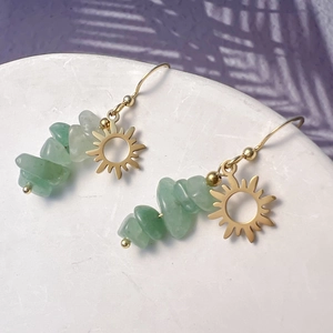 French vintage gold plated titanium earrings with sun charm and green aventurine stones