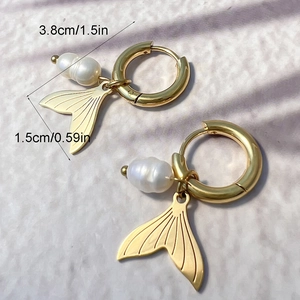 Fashion stainless steel gold fish tail pearl earrings with 3.8cm length dimensions