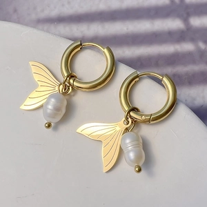 Fish Tail Artificial Pearl Hoop Earrings Stainless Steel Baroque Mermaid Tail Charm Jewelry For Women French Light Luxury Style