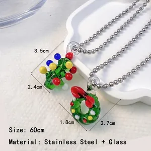 Collier pendentif sapin et couronne de Noël en verre avec chaîne à billes en inox
