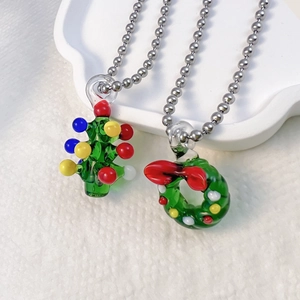 Collier Pendentif Sapin De Noël Couronne Verre Lampwork Acier Inoxydable Chaîne À Billes Bijoux Femmes