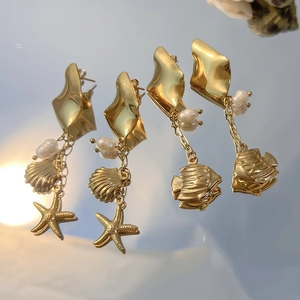 Stainless Steel Ocean Theme Drop Earrings With Artificial Pearl Starfish Shell Fish Charms Summer Vacation Tassel Jewelry For Women