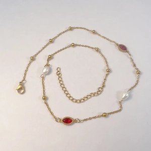 Collana vintage oro con perle e zircone rosso marquise, catena regolabile