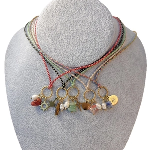 Set of 5 bohemian braided necklaces with stainless steel charms, pearls, and natural stones