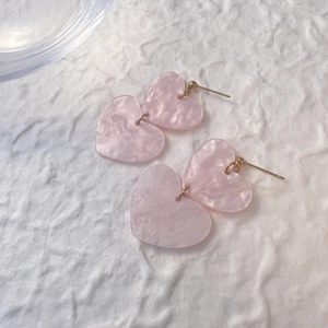 Pink heart dangle earrings with marble texture acrylic and gold hardware