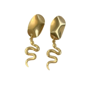 Gold textured snake earrings in 18K plated stainless steel on white background