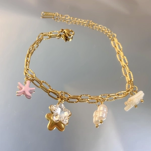 Bracelet Femme Acier Inoxydable Étoile Coquillage Cristal Coloré Künstliche Perle Pendentif Bijoux Mode Chaîne Réglable