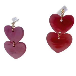 Pink and red heart drop earrings with gold metal links and spherical stud posts