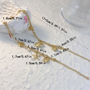Bracelet double rang doré avec étoiles de mer et perles, longueur réglable 17 plus 5 cm