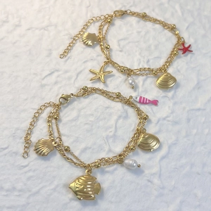 Bracelet À Breloques Multicouche Thème Océan Acier Inoxydable Émail Étoile De Mer Poisson Coquillage Künstliche Perle Bijoux Plage
