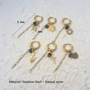 Golden stainless steel hoop earrings set with natural stone charms and long tassels