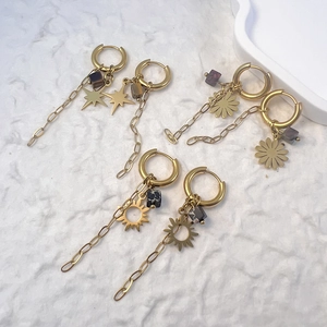 Bohemian gold stainless steel earrings set with natural stones and sun daisy charms