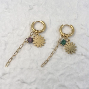 Gold stainless steel daisy earrings with tassel chain and colorful stone beads for women