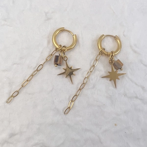 Detail of gold drop earrings featuring star pendant, chain tassel and brown bead
