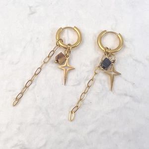 Detail of gold dangle earrings with sun star charms and natural stone beads on plush fur