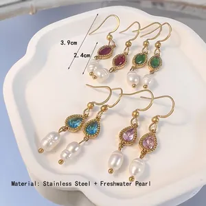 Boucles d'oreilles en acier inoxydable avec perles d'eau douce et zircons colorés