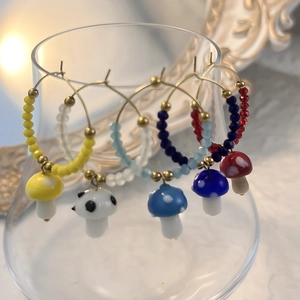 Mushroom Pendant Beaded Hoop Earrings Stainless Steel Glass Polka Dot Cute Forest Style Jewelry For Women