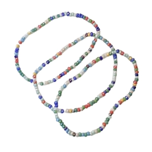 Set of three colorful beaded elastic anklets with rainbow glass seed beads for summer