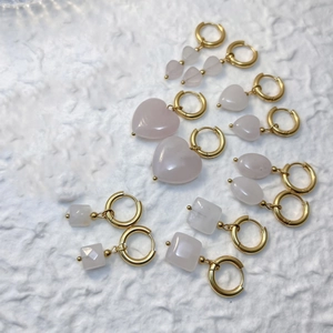 Geometric natural pink stone dangle earrings in gold stainless steel setting for women