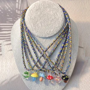 Handcrafted colorful mushroom pendant necklace set with adjustable braided cords