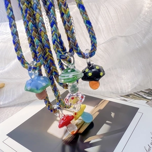 Colorful handmade glass mushroom pendant necklaces with braided cotton ropes for women