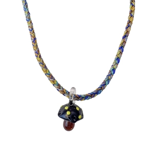 Handmade colorful glass mushroom pendant necklace with multi-color braided rope on white background