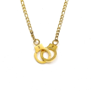 Gold double handcuff pendant necklace with Figaro chain and engraved unlock message