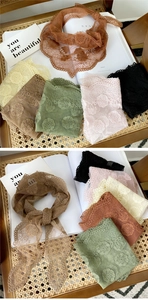 Detail of floral lace mesh headscarf with delicate hollow texture and wavy edges