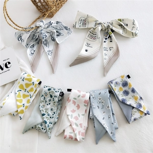 Elegant narrow floral twilly silk scarf set for hair, neck, and handbag decoration