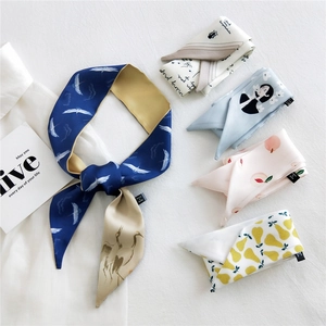 Narrow silk scarfs with crane and floral prints for hair bags or neck decoration