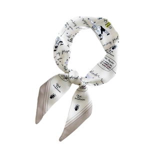 Elegant off-white Twilly silk scarf with winter run illustrations for hair or bags