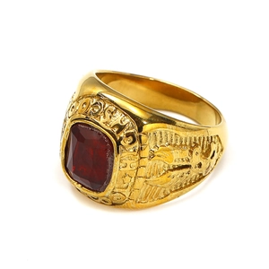 Men's retro gold-plated punk signet ring featuring a large red gemstone and GOODSH engraving