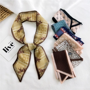 Narrow satin twilly silk scarf with horse and plaid prints for neck or bag handle