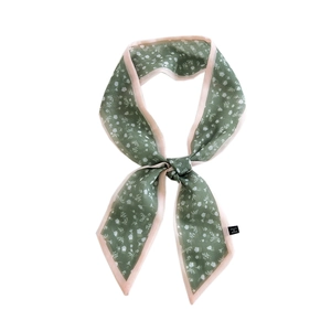 Floral print narrow long silk scarf for women in light green with pink borders