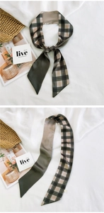 Detail of army green and plaid satin skinny scarf tied on a straw handbag