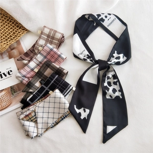 Women Fashion Satin Long Narrow Scarf Zebra Plaid Houndstooth Print Neck Tie Hairband Handbag Handle Ribbon Decoration Scarf