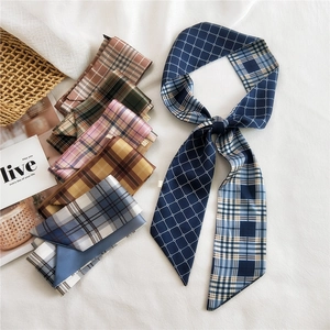 Plaid pattern silk skinny scarf set for hair and neck in multiple elegant colors
