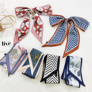 Elegant long silk scarf set with floral and geometric patterns for hair and bags