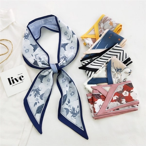 Floral print narrow silk scarf set for hair styling and handbag handle wrapping
