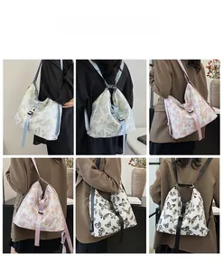 Detail view of stylish butterfly print bags showing multiple colors and versatile wearing styles