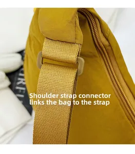 Detail van gele nylon tas met verbindingsring voor schouderriem en stevige stiksels