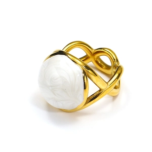 French style 18k gold plated titanium ring with crossed lines and white enamel inlay