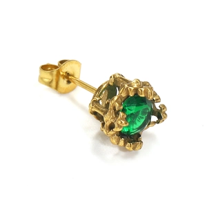18k gold plated titanium steel stud earring with hollow pattern and green zircon inlay