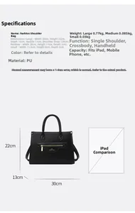 Größentabelle mit Maßen für das schwarze PU-Leder Handtaschen-Set mit Umhängetasche