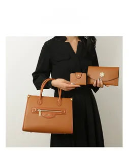 Dreiteiliges braunes Taschenset mit Litschi-Muster inklusive Tragetasche und Clutch