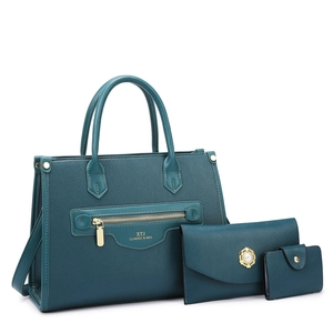 Nahaufnahme des dreiteiligen Taschen-Sets in Marineblau mit edler Lychee-Maserung
