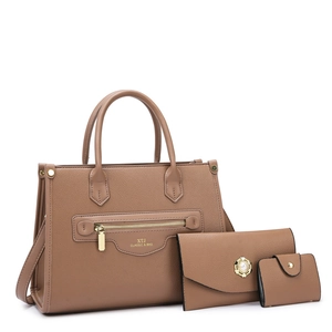 Dreiteiliges braunes Taschenset aus genarbtem Leder mit Shopper und Clutch